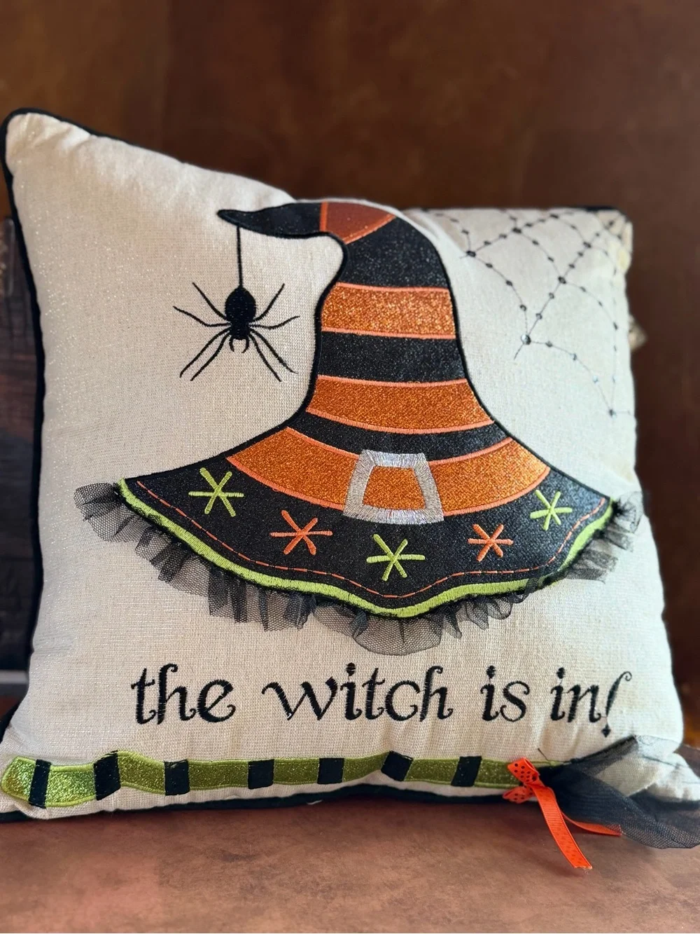 Glitter Witch Hat Holiday Pillow - Orange, Black, Green